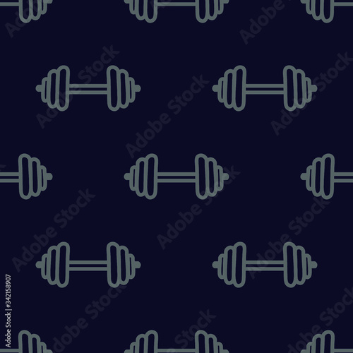Grey dumbbells on dark-blue background: sports seamless pattern, wallpaper texture, wrapping print design. Vector graphics.