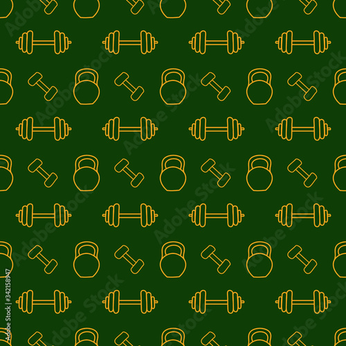 Yellow gym tools on dark-green: sports seamless pattern, wallpaper texture, wrapping print design. Vector graphics.