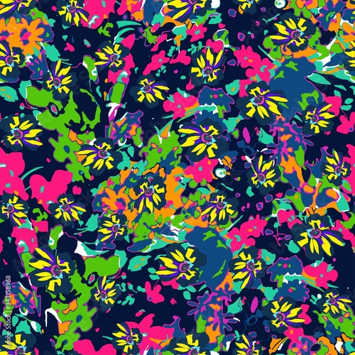 Cute pattern in a small flower. Little colorful flowers. Colorful and bright summer silhouette. Abstract seamless pattern with leaves and flowers. Background with floral vector for modern style. © Irina