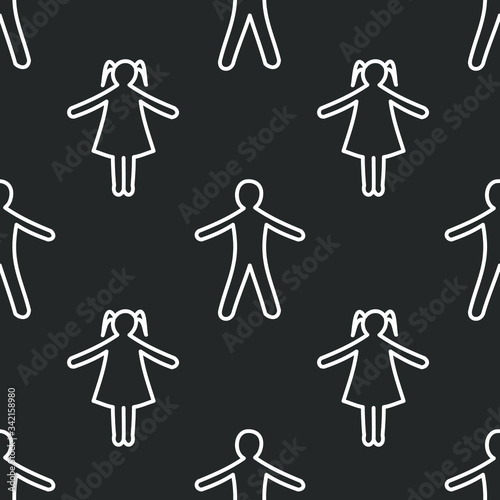 White simple silhouettes of boys and girls on black background: seamless pattern, wallpaper texture, wrapping print design. Vector graphics.