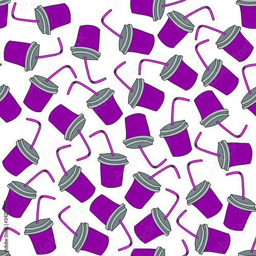 Violet paper cups: seamless pattern, wallpaper texture, wrapping print design. Vector graphics.