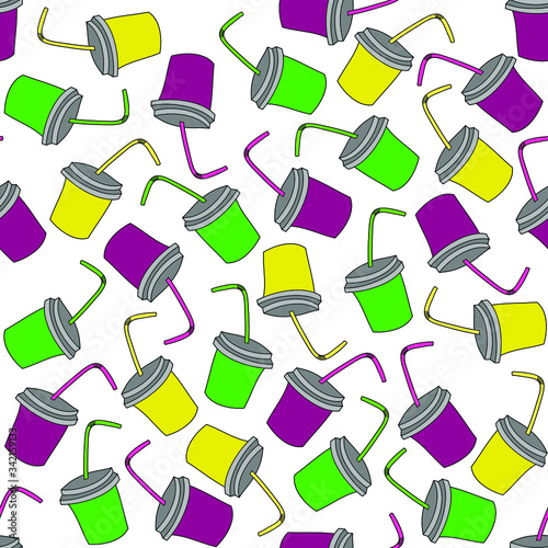 Yellow, green and purple paper cups: colorful seamless pattern, wallpaper texture, wrapping print design. Vector graphics.