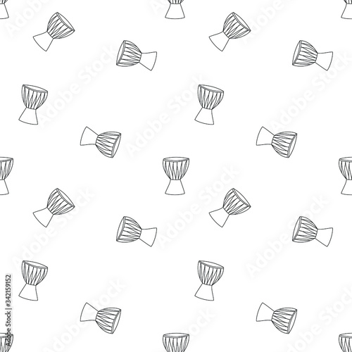 Colorless djembe drums: seamless pattern, wallpaper texture, wrapping print design. Vector graphics.