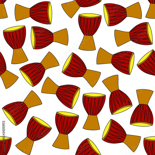 Brown djembe drums: musical seamless pattern, wallpaper texture, percussion wrapping print design. Vector graphics.