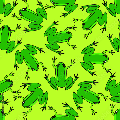 Green frogs on yellow background: bright seamless pattern, wallpaper texture, wrapping print design. Vector graphics.