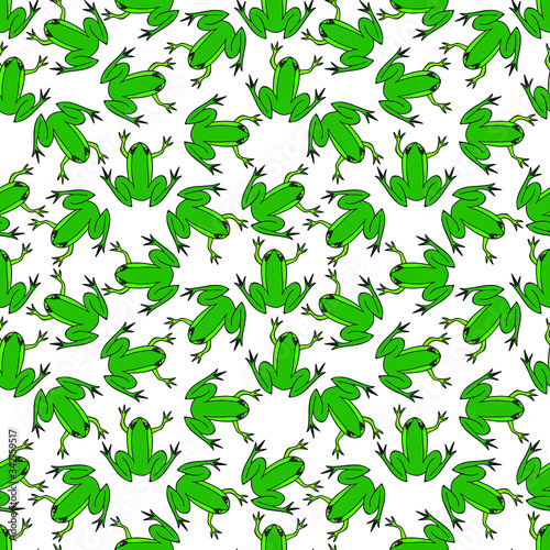Many frogs on white background: green seamless pattern, wallpaper texture, wrapping print design. Vector graphics.