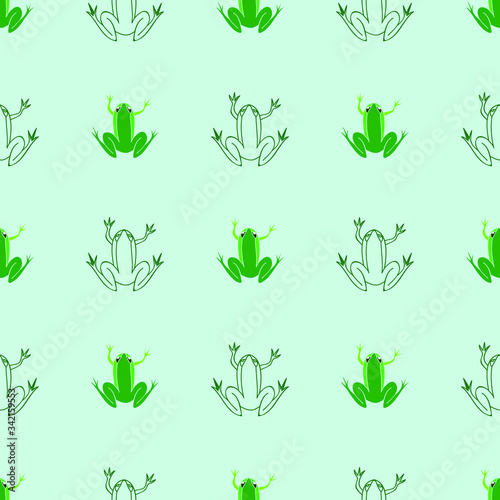 Green frogs on light-green background: seamless pattern, wallpaper texture, wrapping print design. Vector graphics.