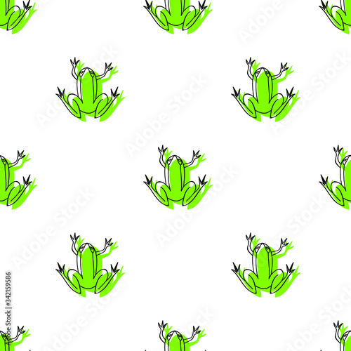 Green cartoon frogs on white background: funny seamless pattern, wallpaper texture, wrapping print design. Vector graphics.