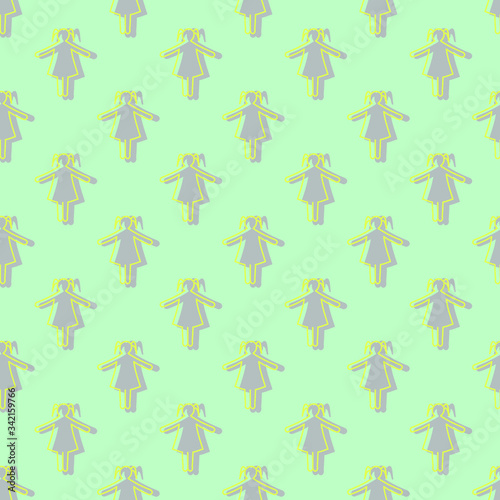 Yellow-grey girls' silhouettes on light-green background: seamless pattern, wallpaper texture, wrapping print design. Vector graphics.