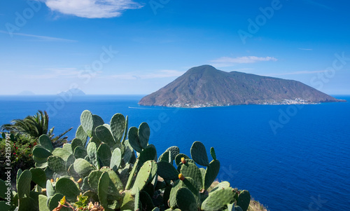Coast of Lipari with cactus with view to volcano island Salina during day, Sicily Italy. photo