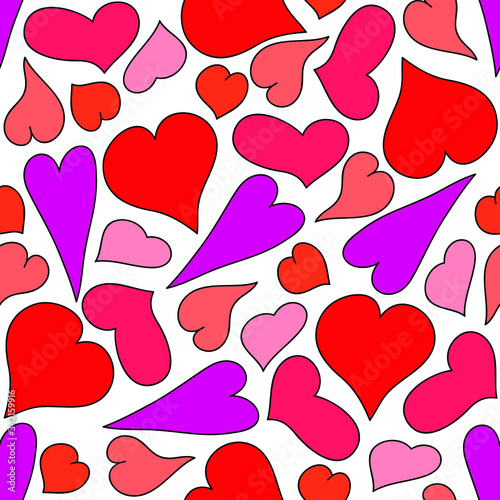 Red, pink and violet hearts on white background: romantic seamless pattern, wallpaper texture, wrapping print design. Vector graphics.