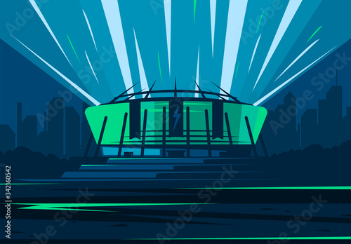 Vector illustration of the facade of a football stadium in the dark, against the background of the city silhouette