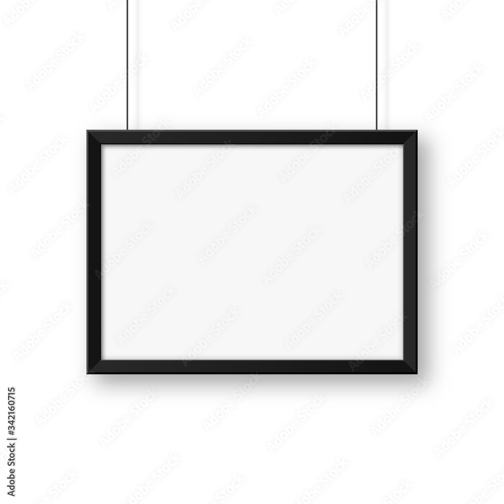 Realistic hanging on a wall blank black picture frame. Modern poster mockup. Empty photo frame. Vector illustration. Realistic hanging on a wall blank black picture frame. Modern poster mockup. Empty photo frame. Vector illustration.