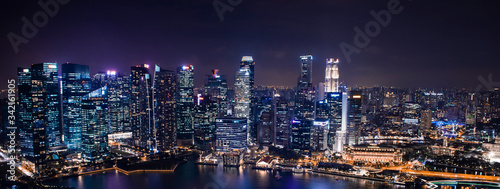 SINGAPORE CITY, SINGAPORE - April 03, 2019: Areal panoramic view of Singapore business district and city, helix bridge.