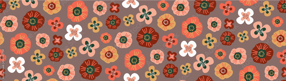 Floral seamless pattern with hand drawn flowers. Pink, maroon, coral, yellow stylized flowers. Doodle style. Cute artistic texture, background for fabric print, wallpaper, gift wrap.