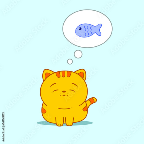 Kawaii cat dreams of a fish. Greeting card, invitation card. Flat lay, top view.