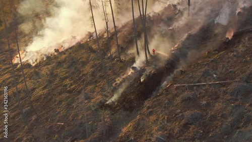 4k aerial drone shot - extinguishing a forrest fire during sunset - nice color cinematic footage