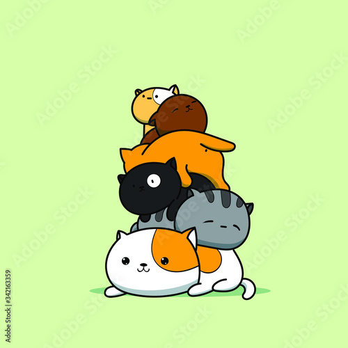 Kawaii father cat and many kittens lie on it. Greeting card, invitation card. Father's day concept. Flat lay, top view.