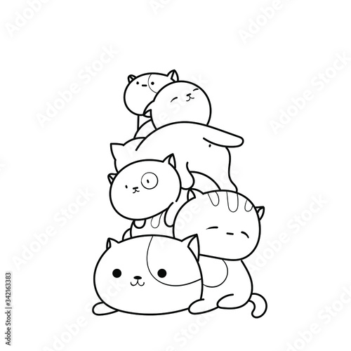 Kawaii father cat and many kittens lie on it. Greeting card, invitation card. Father's day concept. Coloring book. Flat lay, top view.