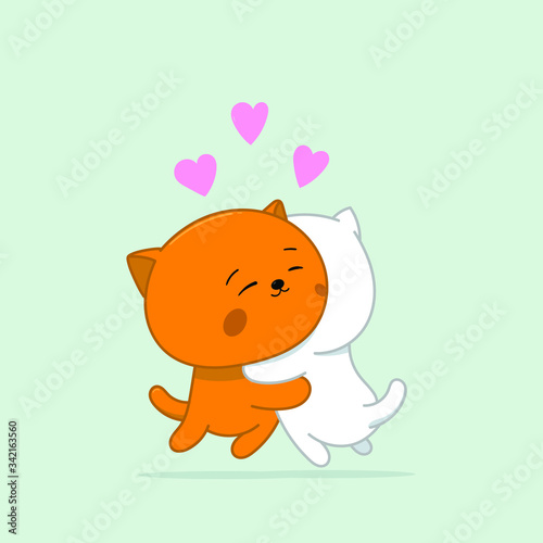 Two happy and loving kawaii cats. Greeting card, invitation card. Flat lay, top view.