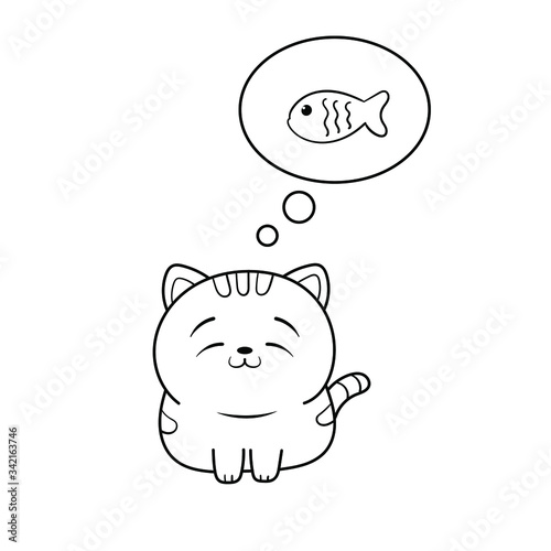 Kawaii cat dreams of a fish. Greeting card, invitation card. Coloring book. Flat lay, top view.