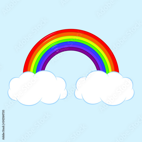 Beautiful rainbow with clouds. Icon, cartoon. Flat lay, top view