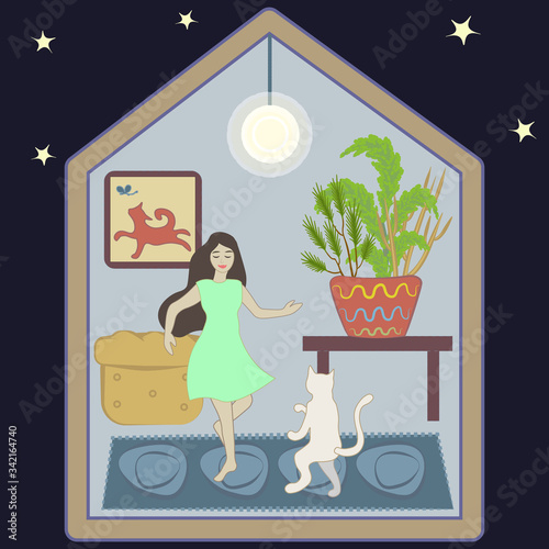 Stay home concept. Hand drown cute house inside, the light is on in the house at night. Girl dancing with a white cat