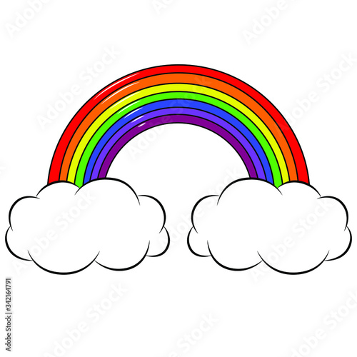 Beautiful rainbow with clouds. Icon, cartoon. Flat lay, top view