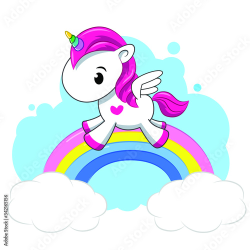 Little pink unicorn on a rainbow. Cartoon. Girl. Flat lay, top view