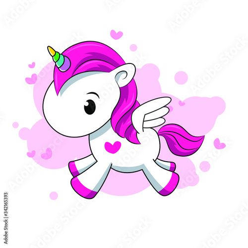 Little pink unicorn with wings on a white background. Cartoon. Girl. Flat lay, top view