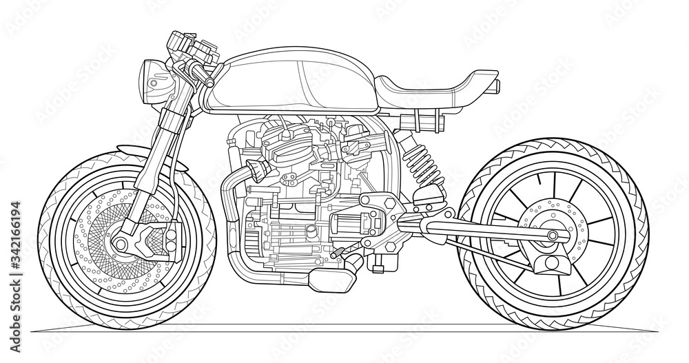 Adult motorcycle coloring page for book and drawing. Cafe style. Race. Moto  vector illustration. High speed drive vehicle. Graphic element. Black  contour sketch illustrate Isolated on white background Stock Vector | Adobe