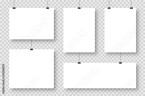 Realistic blank paper sheets hanging on binder clip. White poster with shadow in A4 format. Design template, mockup. Vector illustration.