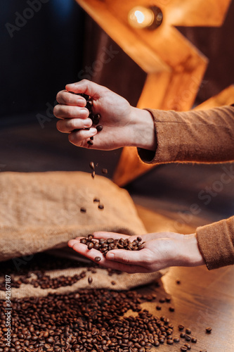 Closeup of the hand of a girl who pours out coffee beans to another hand. Coffee beans slowly fall. In the background lies a large bag with grains and there is a star shining with light bulbs