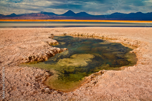 Pond on desert landscape with mountains in background