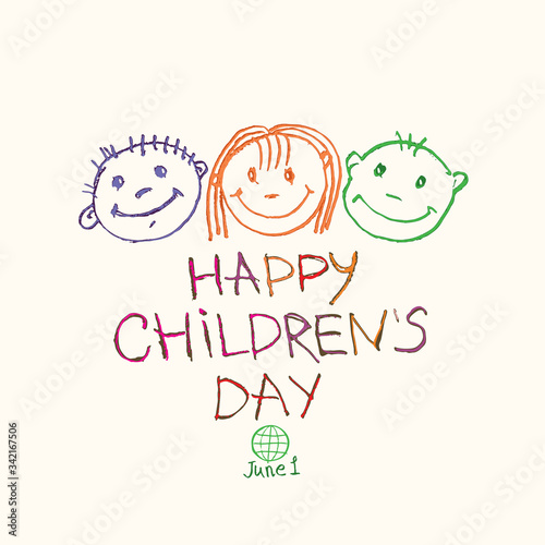 Happy Children's Day. Doodle holiday illustration to the International Children's Day. Children Art style drawing with colored pencils sketch. Vector logo with three funny baby faces and by June 1. 