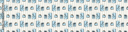Cute refrigerator and stove seamless vector border. Hand drawn kitchen appliance for household domestic technology. Cooking hob and cold fridge all over print on stripe. Home cooking equipment. 