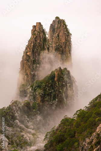 View of Huangshan mountains surrounded by clouds