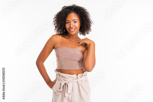 African female in summer clothes, picture isolated on white background