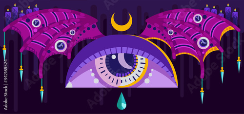Vector illustration. Huge eye with bat wings. Occult Symbols. Daggers, candles, a tear. On a dark gloomy background.