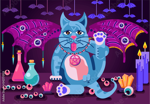 Vector illustration. A cat with bat wings sits licks on the background of occult symbols. Candles  books  crystals  fortune-telling ball  eyeballs  horoscope  flasks  potions  bats.