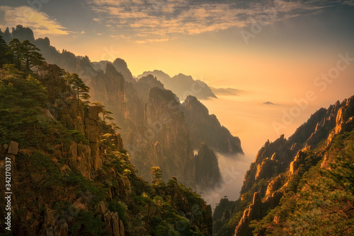 The warm late afternoon sunlight shine on Mt.Huangshan with clouds and fogs in the valley, the most beautiful mountain in China.