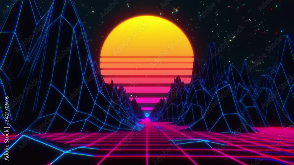 80s retro futuristic sci-fi seamless loop. Retrowave VJ videogame landscape with neon lights and low poly terrain. Stylized vintage 3D animation background with mountains, sun and glowing stars. 4K