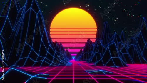 80s retro futuristic sci-fi seamless loop. Retrowave VJ videogame landscape with neon lights and low poly terrain. Stylized vintage 3D animation background with mountains, sun and glowing stars. 4K