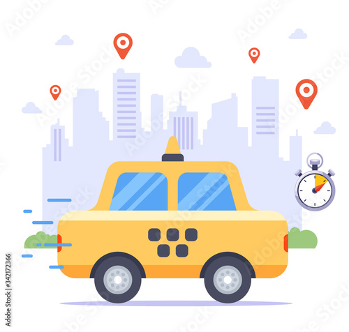 taxi rides to order against the backdrop of the city. many customer order tags. flat vector illustration.