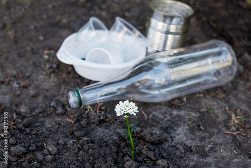 Garbage lies on the ground. Plastic bottle, glasses, plate. Ecology. The critical situation with the environment. Close-up flower sprouted in the ground