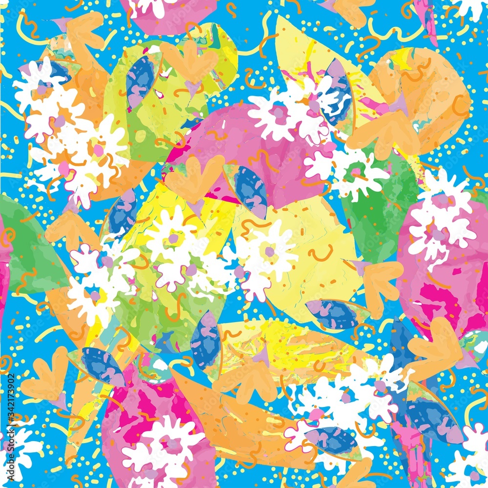 Fototapeta Cute pattern in a small flower. Little colorful flowers. Colorful and bright summer silhouette. Abstract seamless pattern with leaves and flowers. Background with floral vector for modern style.