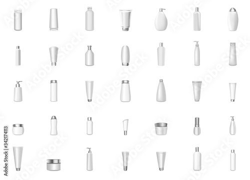 Full white bottles no reflect mockup realistic vector illustration set isolated on white background. Collection of perfume and cosmetic containers with caps and sprayers  hygiene pack template