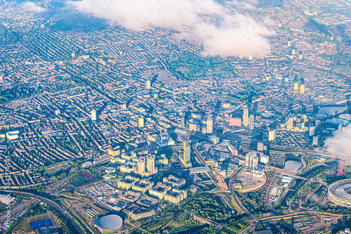 Canvas Print Aerial high angle above bird's eye view from airplane over Stratford city in Lon