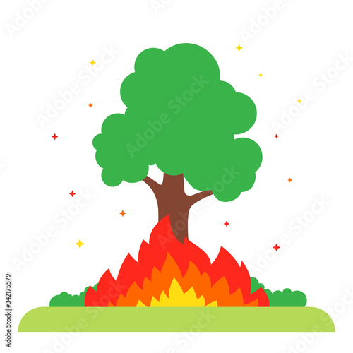 the tree burns in nature. big fire. flat vector illustration.