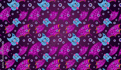 Vector illustration. Seamless pattern. Cat face with bat wings and eyeballs. Occult Symbols. On a dark gloomy background.